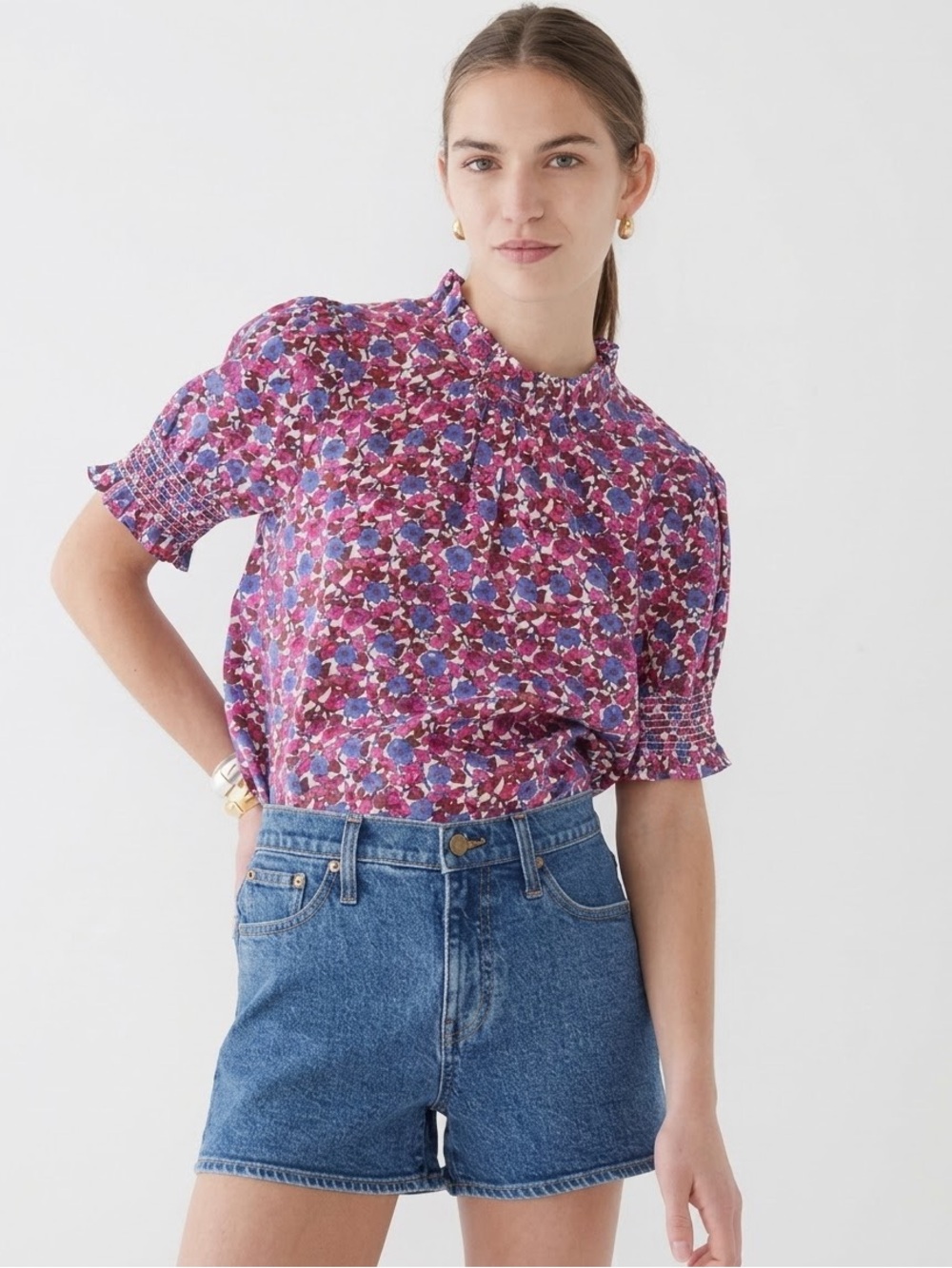 J. Crew Purple Floral Short Sleeve Blouse